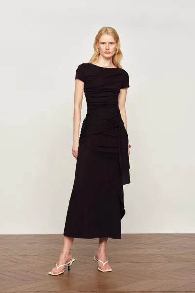 Fabrique Nhat Sculptural Ruched Dress In Tencel-merino Blend In Black