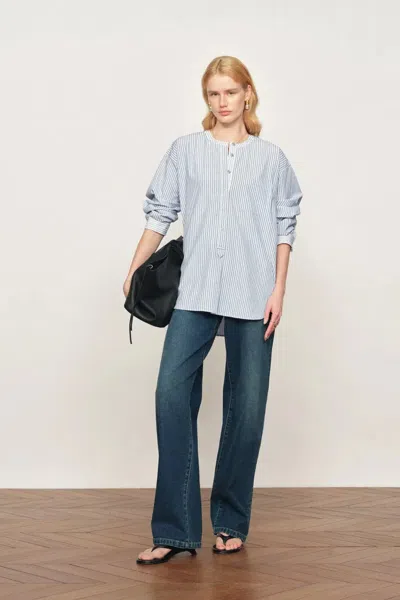 Fabrique Nia Striped Patchwork Shirt In Cotton Poplin In Blue