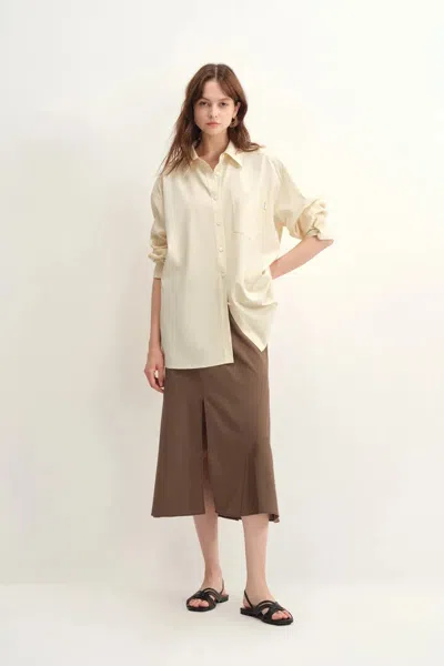 Fabrique Nicole Pleated Sleeve Oversized Shirt In Cotton Plain Weave In Yellow