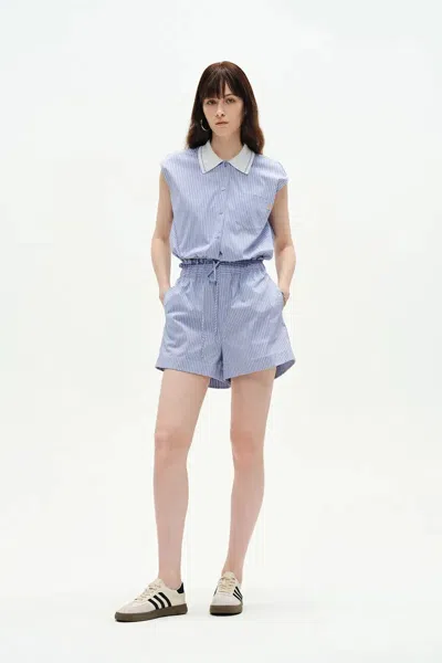 Fabrique Nino Contrast Collar Sleeveless Shirt Top And Short Matching Set In Cotton Poplin In Blue