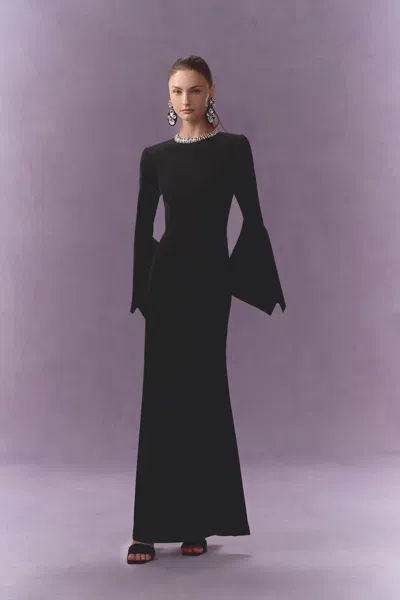 Fabrique Nokta Hand Sewn Rhinestone Collar Maxi Dress In Linen Style Suiting In Black