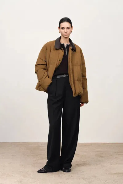 Fabrique Nora Detachable Faux Leather Collar Down Jacket In Cotton Corduroy In Brown