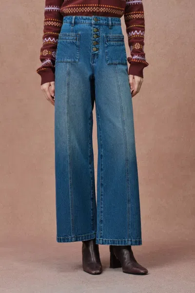 Fabrique Nora Front Pocket Cropped Straight Leg Jeans In Cotton Denim In Blue