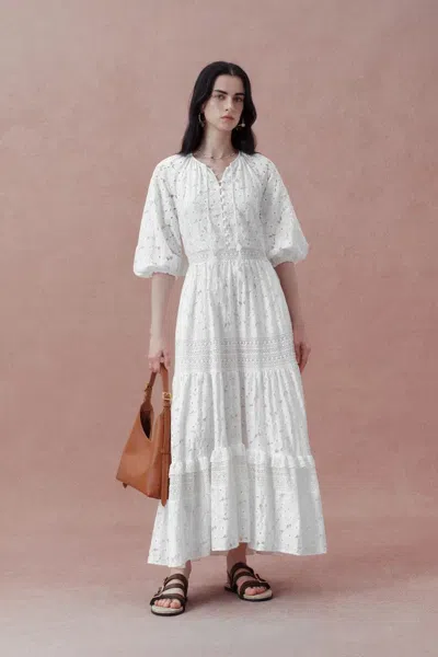Fabrique Nora Puff Sleeve Tiered Dress In Embroidered Cotton In White