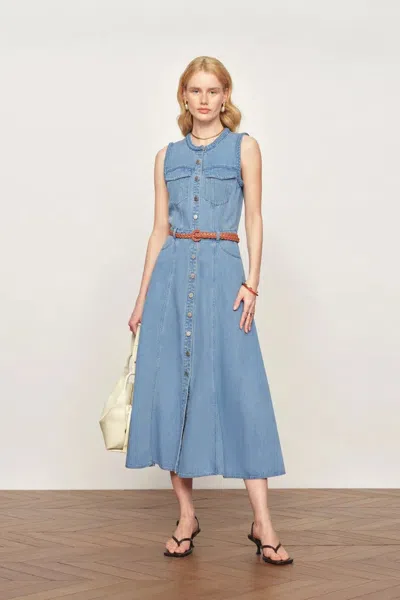 Fabrique Nova Woven Strap Detail Sleeveless Denim Dress In Cotton-linen Denim In Blue