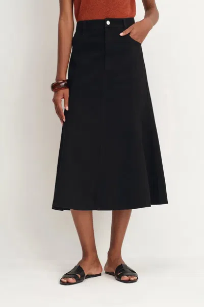Fabrique Nyssa Flared Midi Skirt In Stretchy Denim In Black