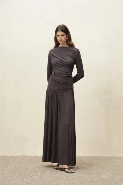 Fabrique Nyx Drapy Ruched Off Shoulder Top In Tencel Blend In Brown