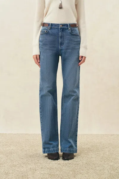 Fabrique Odelia Leather Buckle Straight Leg Jeans In Cotton Denim In Blue