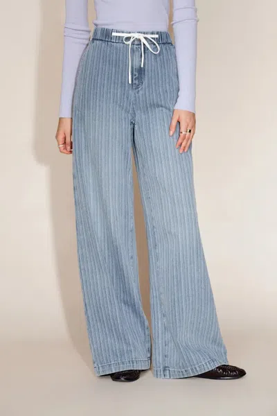 Fabrique Olive Elastic Waist Straight Jeans In Striped Cotton Denim In Blue