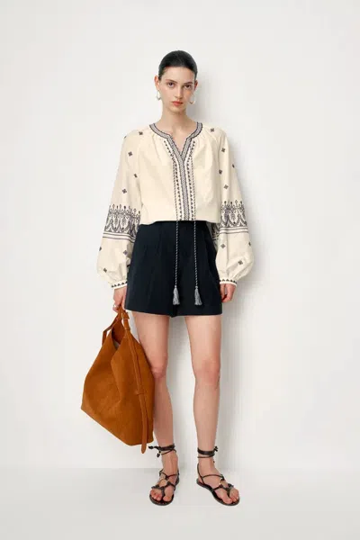 Fabrique Olivia Boho Embroidered Long Sleeve Blouse Top In Premium Silk-cotton In White