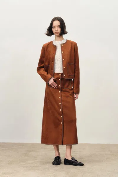 Fabrique Olivia Contrast Trim Jacket In Faux Suede In Brown