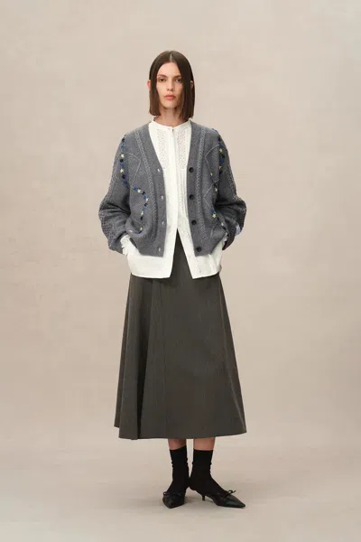 Fabrique Olivia Floral Cable Cardigan In Merino Wool Cable Knit In Gray