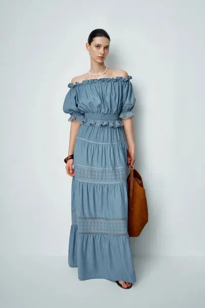 Fabrique Oluka Ruffle Ruched Off Shoulder Top In Lightweight Denim In Blue
