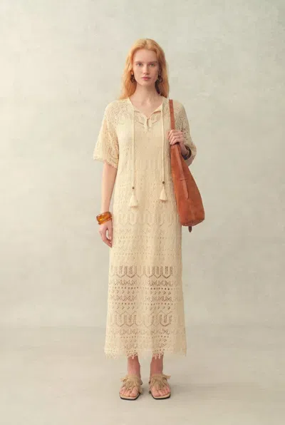 Fabrique Ondina Handmade Lace Open-knit Vacation Dress In Linen Blend Crochet In Nude