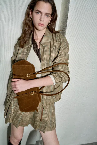 Fabrique Ophelia Crystal Embellished Bomber Jacket In Wool Blend In Earth Tone