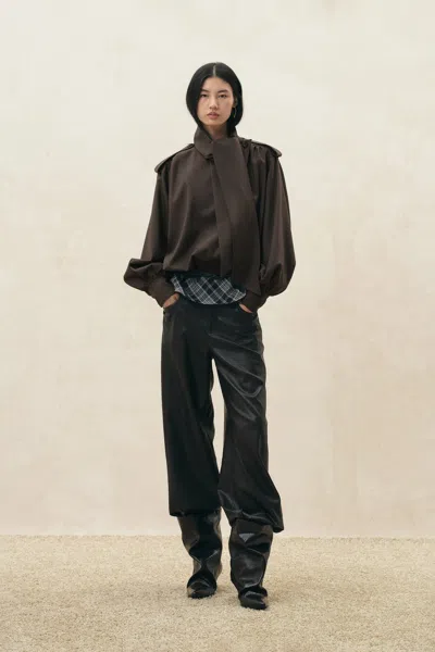 Fabrique Oria Scarf Tie Bubble Hem Cropped Jacket In Wool Blend In Earth Tone