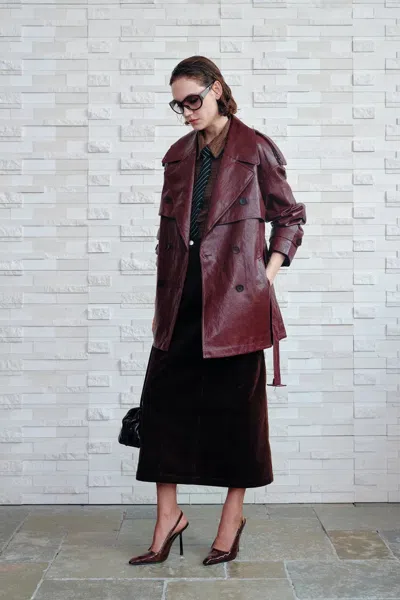 Fabrique Ostro Trench Style Coat In Waxed Faux Leather In Red
