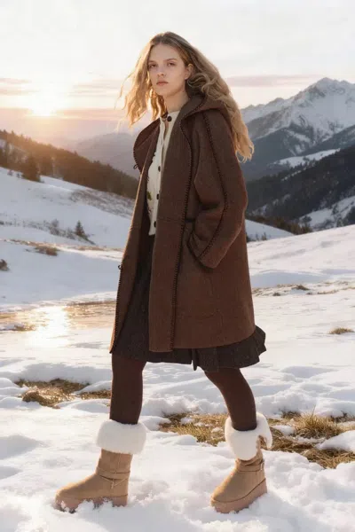 Fabrique Paletot Inspired Overlock Stitch Hooded Coat In Merino Wool-camel Hair