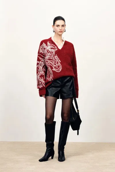 Fabrique Parker V Neck Horse Sweater In Merino Alpaca Blend Knit In Multi