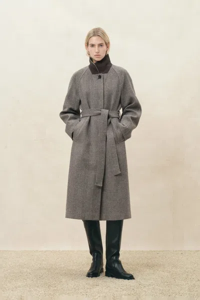 Fabrique Paula Belted Herringbone Long Coat In Wool Blend In Grey