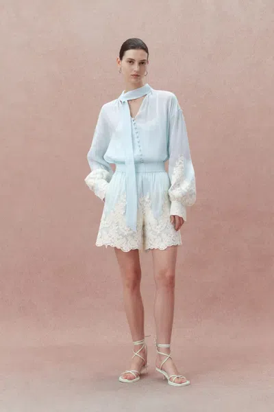 Fabrique Paz Blue Embroidered Top And Short Matching Set In Silk-linen Blend