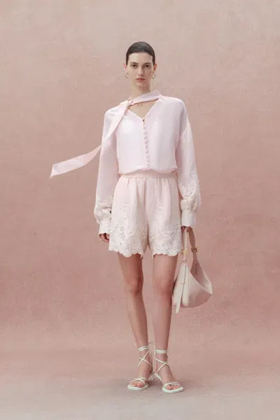 Fabrique Paz Pink Embroidered Blouse And Short Matching Setin Silk-linen Blend