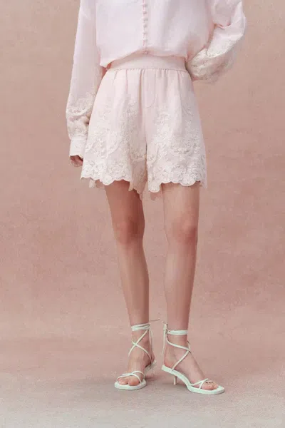 Fabrique Paz Pink Embroidered Shorts In Silk-linen Blend