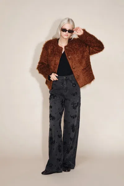 Fabrique Peggy Boxy Cut Fur Coat In Mohair Faux Fur In Brown