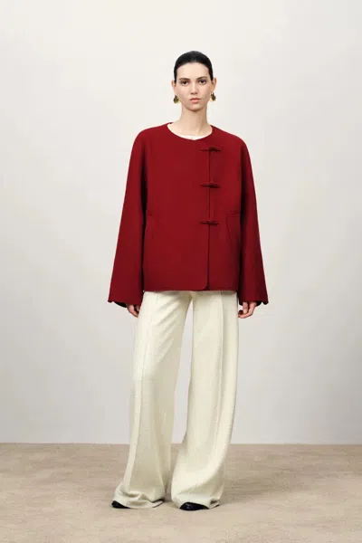 Fabrique Peony New Mandarin Style Buttoned Short Wool Coat In Merino Wool In Multi