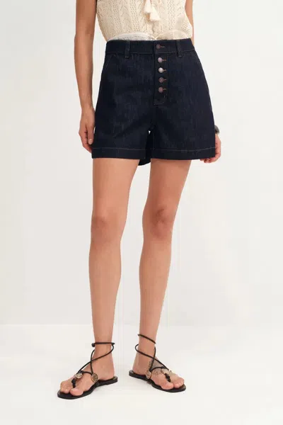 Fabrique Perla Crocheted Pocket Shorts In Raw Denim In Blue