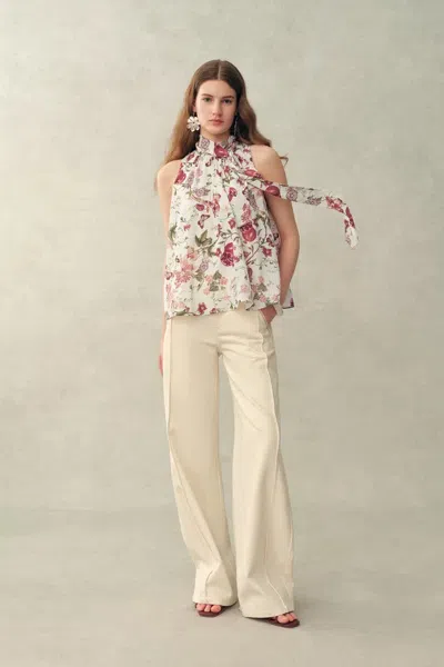Fabrique Pernilla Pomegranate Floral Print Tie Neck Blouse In Stretch Silk Double Crepe In Multi