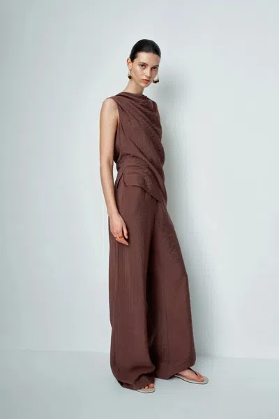 Fabrique Phoebe French Cowl Sleeveless Top And Wide Leg Pant Matching Set In Dry Silk In Brown