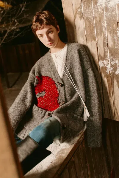 Fabrique Polly V Neck Pony Motif Cardigan In Alpaca Blend Knit In Multi