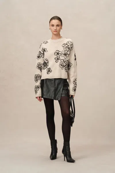 Fabrique Poppy Embroidered Sweater In Chunky Wool Knit In White