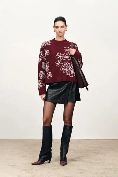 Fabrique Poppy Flora Embroidery Sweater In Merino Wool Knit In Red