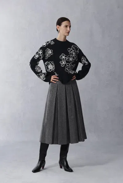 Fabrique Poppy Flora Long Sleeve Sweater In Merino Wool In Black