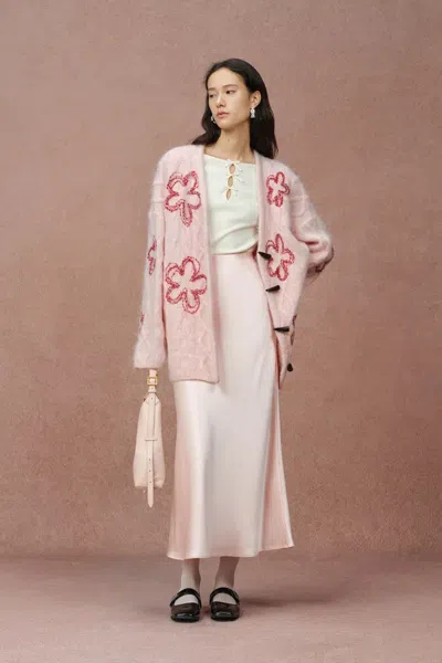 Fabrique Posie Floral Cardigan In Merino Alpaca Blend Knit In Pink