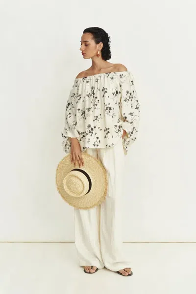 Fabrique Quillie Hand Painted Print Off Shoulder Long Sleeve Blouse Top In Silk Twill In Multi