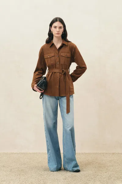 Fabrique Rae Belted Safari Shirt In Faux Suede In Brown