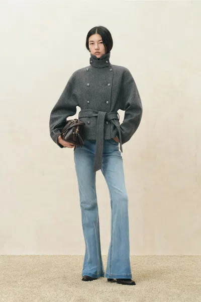 Fabrique Rae Napoleon Inspired Short Coat In Wool Blend Herringbone In Gray