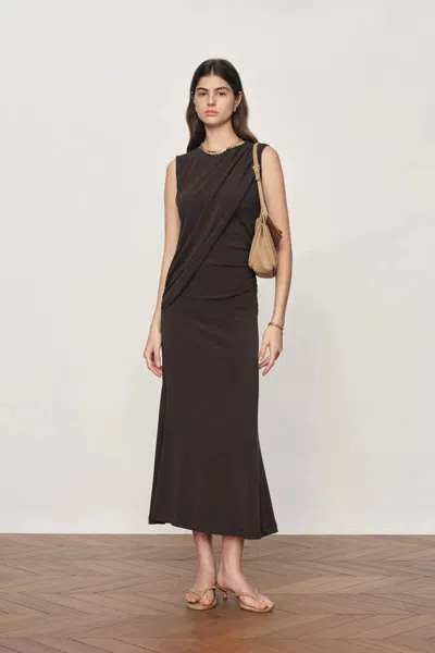 Fabrique Raina Asymmetric Draped Sleeveless Fitted Dress In Cotton Modal Knit In Brown