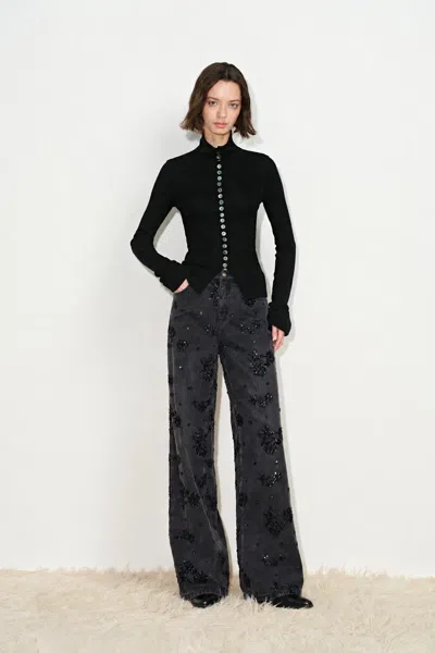 Fabrique Rei Hand Sewn Shell Button Top In Wool Blend In Black