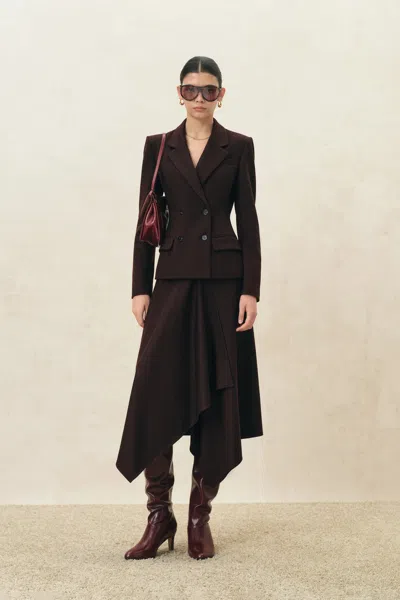 Fabrique Rhea Burgundy Cinched Waist Blazer In Wool Blend In Brown