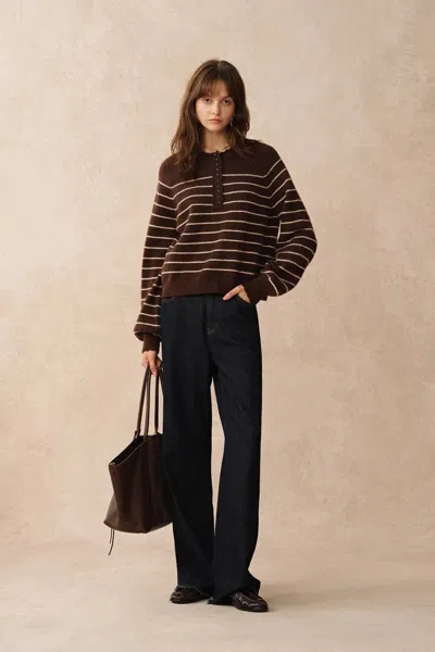 Fabrique Rhea Scalloped Henley Striped Sweater In Wool-alpaca Knit In Brown