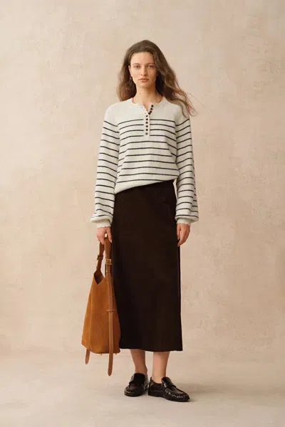 Fabrique Rhea Scalloped Henley Striped Sweater In Wool-alpaca Knit In White