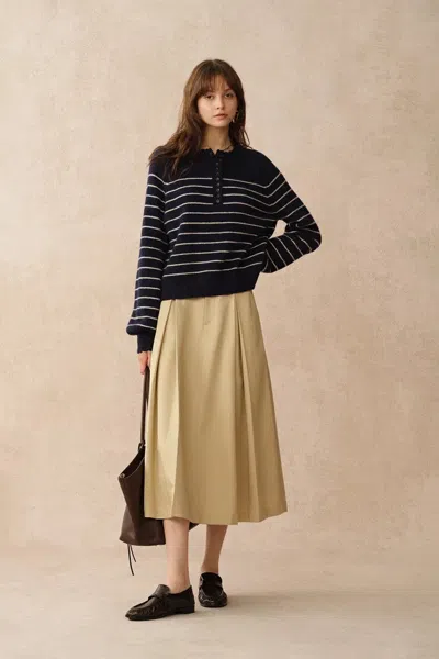 Fabrique Rhea Scalloped Henley Striped Sweater In Wool-alpaca Knit In Blue