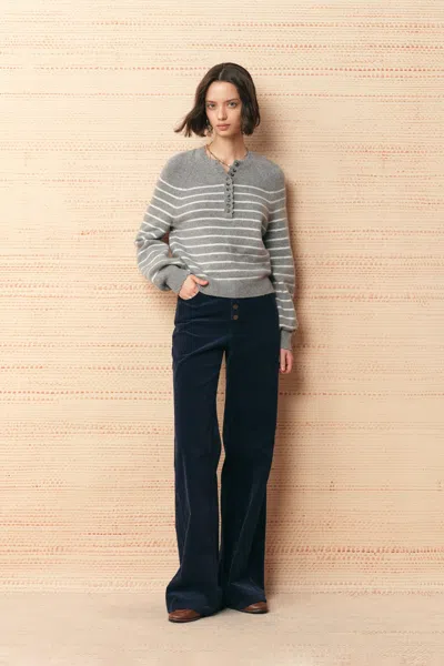 Fabrique Rhea Striped Henley Sweater In Wool Blend In Gray