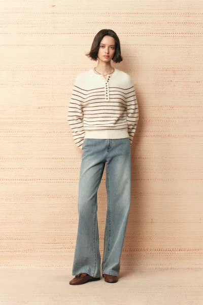Fabrique Rhea Striped Henley Sweater In Wool Blend In Neutral