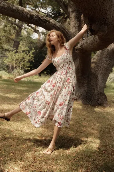 Fabrique Ria Smocked Pomegranate Print Strap Dress With Built-in Cups In Linen Blend In Multi