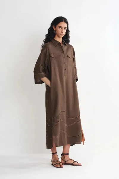 Fabrique Riley Openwork Embroidery Shirt Dress In Fine Linen In Brown
